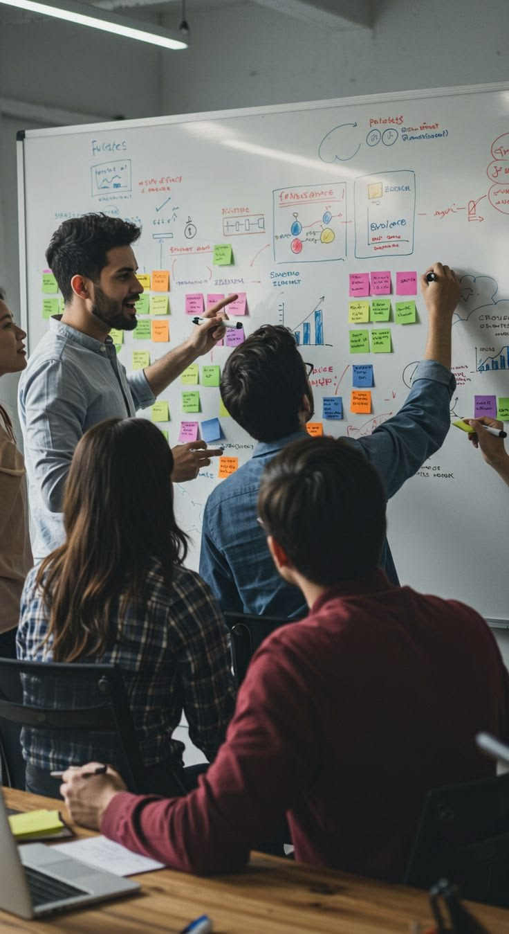 Startup founders collaborating at a strategy whiteboard